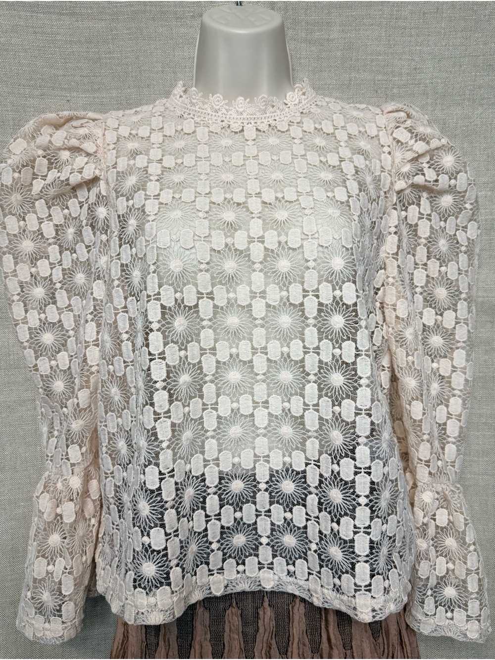 Sheer Floral Crochet Lace Blouse in Light Cream